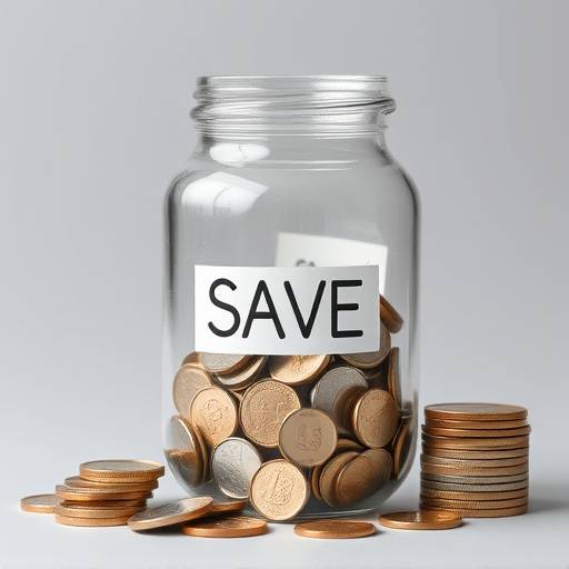 A clear glass savings jar filled with coins and banknotes, symbolizing saving money.
