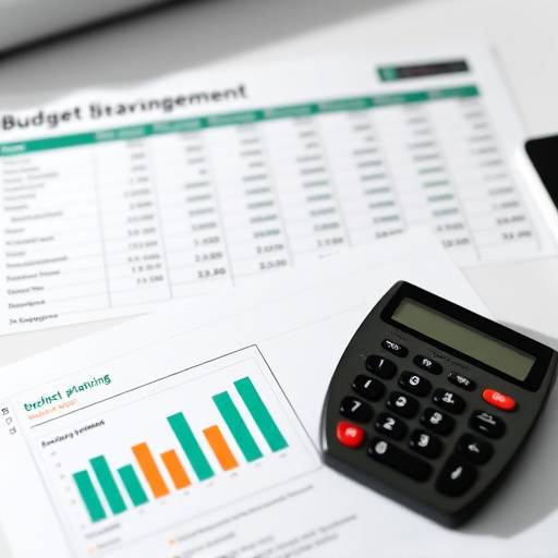 A visual representation of budget planning: a spreadsheet with charts, a calculator, and a person analyzing the data.